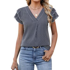 imageBlooming Jelly Womens Dressy Casual Shirts Short Sleeve V Neck Work Blouse Business Casual Summer Tops 2025Black Stripe