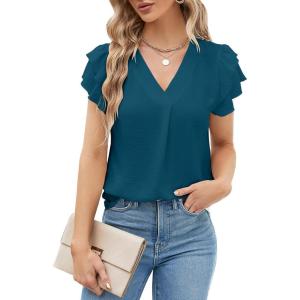 imageBlooming Jelly Womens Dressy Casual Shirts Short Sleeve V Neck Work Blouse Business Casual Summer Tops 2025Dark Cyan