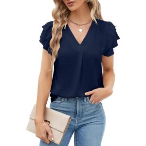 imageBlooming Jelly Womens Dressy Casual Shirts Short Sleeve V Neck Work Blouse Business Casual Summer Tops 2025Deep Blue