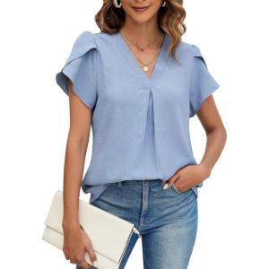 imageBlooming Jelly Womens Dressy Casual Shirts Short Sleeve V Neck Work Blouse Business Casual Summer Tops 2025Haze Blue