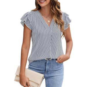 imageBlooming Jelly Womens Dressy Casual Shirts Short Sleeve V Neck Work Blouse Business Casual Summer Tops 2025White Stripe