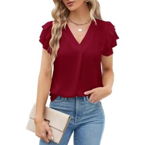 imageBlooming Jelly Womens Dressy Casual Shirts Short Sleeve V Neck Work Blouse Business Casual Summer Tops 2025Wine Red