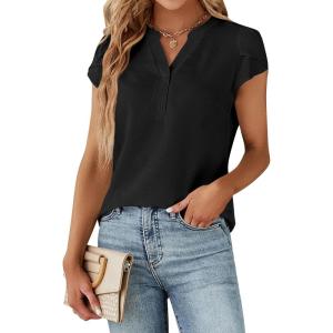 imageBlooming Jelly Womens Dressy Casual Tops Business Work Blouses White Button Down Shirts Cap Sleeve V Neck TshirtBlack