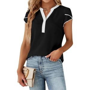 imageBlooming Jelly Womens Dressy Casual Tops Business Work Blouses White Button Down Shirts Cap Sleeve V Neck TshirtBlack With White