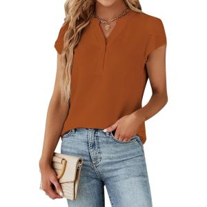 imageBlooming Jelly Womens Dressy Casual Tops Business Work Blouses White Button Down Shirts Cap Sleeve V Neck TshirtCaramel