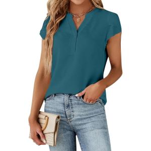 imageBlooming Jelly Womens Dressy Casual Tops Business Work Blouses White Button Down Shirts Cap Sleeve V Neck TshirtDark Cyan
