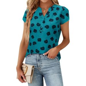 imageBlooming Jelly Womens Dressy Casual Tops Business Work Blouses White Button Down Shirts Cap Sleeve V Neck TshirtDark Cyan Floral