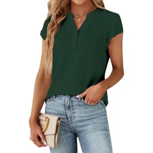 imageBlooming Jelly Womens Dressy Casual Tops Business Work Blouses White Button Down Shirts Cap Sleeve V Neck TshirtDark Green
