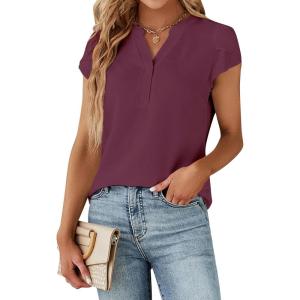 imageBlooming Jelly Womens Dressy Casual Tops Business Work Blouses White Button Down Shirts Cap Sleeve V Neck TshirtDark Reddish Purple