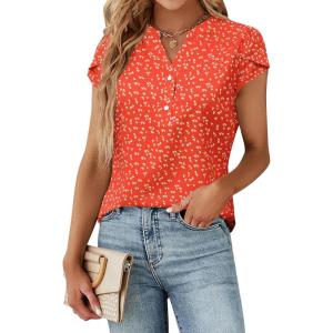 imageBlooming Jelly Womens Dressy Casual Tops Business Work Blouses White Button Down Shirts Cap Sleeve V Neck TshirtFloral Orange Red