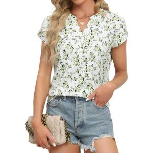 imageBlooming Jelly Womens Dressy Casual Tops Business Work Blouses White Button Down Shirts Cap Sleeve V Neck TshirtGreen Leaves