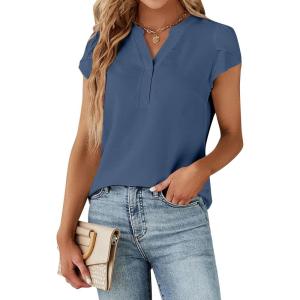 imageBlooming Jelly Womens Dressy Casual Tops Business Work Blouses White Button Down Shirts Cap Sleeve V Neck TshirtGrey Blue