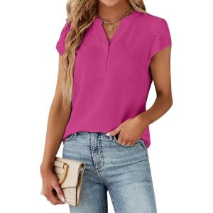 imageBlooming Jelly Womens Dressy Casual Tops Business Work Blouses White Button Down Shirts Cap Sleeve V Neck TshirtHot Pink