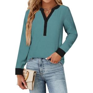 imageBlooming Jelly Womens Dressy Casual Tops Business Work Blouses White Button Down Shirts Cap Sleeve V Neck TshirtLong Sleeve Turquoise