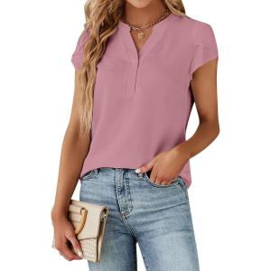 imageBlooming Jelly Womens Dressy Casual Tops Business Work Blouses White Button Down Shirts Cap Sleeve V Neck TshirtPink