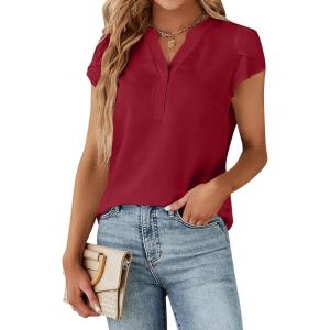 imageBlooming Jelly Womens Dressy Casual Tops Business Work Blouses White Button Down Shirts Cap Sleeve V Neck TshirtRed