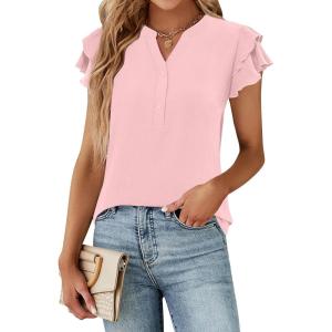imageBlooming Jelly Womens Dressy Casual Tops Business Work Blouses White Button Down Shirts Cap Sleeve V Neck TshirtRuffle Sleeve Pink
