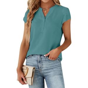 imageBlooming Jelly Womens Dressy Casual Tops Business Work Blouses White Button Down Shirts Cap Sleeve V Neck TshirtTurquoise