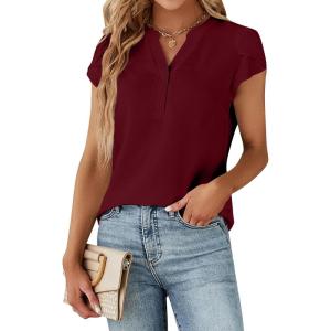 imageBlooming Jelly Womens Dressy Casual Tops Business Work Blouses White Button Down Shirts Cap Sleeve V Neck TshirtWine Red