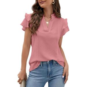 imageBlooming Jelly Womens Dressy Casual Tops Ruffle Short Sleeve V Neck Shirts Elegant Business Work BlouseBean Paste Red