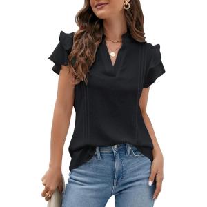 imageBlooming Jelly Womens Dressy Casual Tops Ruffle Short Sleeve V Neck Shirts Elegant Business Work BlouseBlack