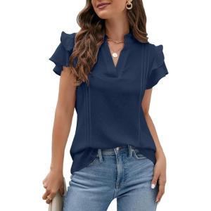 imageBlooming Jelly Womens Dressy Casual Tops Ruffle Short Sleeve V Neck Shirts Elegant Business Work BlouseBlue