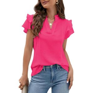imageBlooming Jelly Womens Dressy Casual Tops Ruffle Short Sleeve V Neck Shirts Elegant Business Work BlouseHot Pink