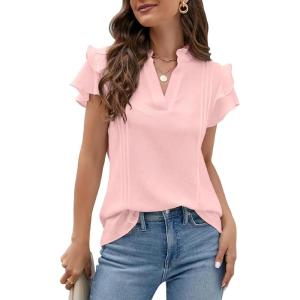 imageBlooming Jelly Womens Dressy Casual Tops Ruffle Short Sleeve V Neck Shirts Elegant Business Work BlousePink