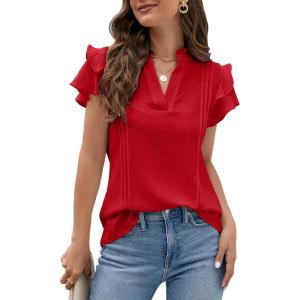 imageBlooming Jelly Womens Dressy Casual Tops Ruffle Short Sleeve V Neck Shirts Elegant Business Work BlouseRed
