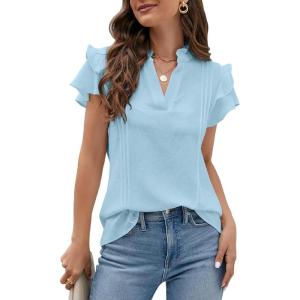 imageBlooming Jelly Womens Dressy Casual Tops Ruffle Short Sleeve V Neck Shirts Elegant Business Work BlouseSky Blue