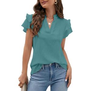 imageBlooming Jelly Womens Dressy Casual Tops Ruffle Short Sleeve V Neck Shirts Elegant Business Work BlouseTurquoise