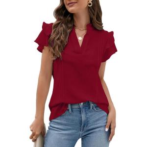 imageBlooming Jelly Womens Dressy Casual Tops Ruffle Short Sleeve V Neck Shirts Elegant Business Work BlouseWine Red