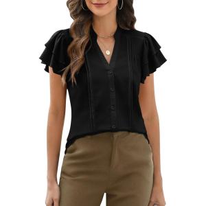 imageBlooming Jelly Womens Dressy Casual Tops V Neck Button Down Shirts Ruffle Short Sleeve BlouseBlack01