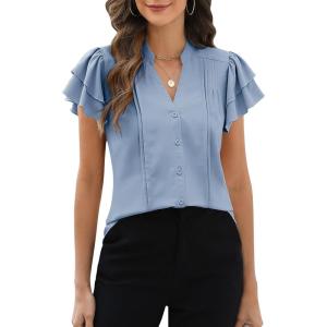 imageBlooming Jelly Womens Dressy Casual Tops V Neck Button Down Shirts Ruffle Short Sleeve BlouseBlue