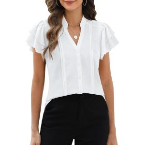 imageBlooming Jelly Womens Dressy Casual Tops V Neck Button Down Shirts Ruffle Short Sleeve BlouseWhite01