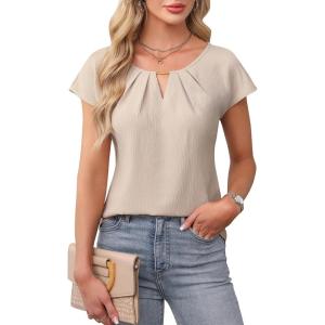 imageBlooming Jelly Womens Dressy Tops Trendy Work Short Sleeve Shirts Pleated Cute Summer Blouses Business Casual OutfitsApricot