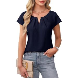 imageBlooming Jelly Womens Dressy Tops Trendy Work Short Sleeve Shirts Pleated Cute Summer Blouses Business Casual OutfitsNavy Blue
