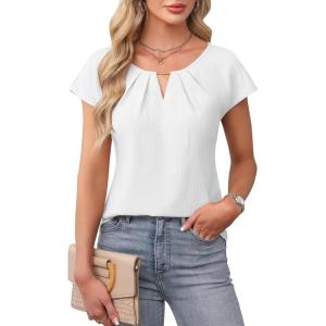 imageBlooming Jelly Womens Dressy Tops Trendy Work Short Sleeve Shirts Pleated Cute Summer Blouses Business Casual OutfitsWhite