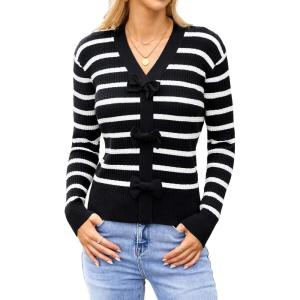 imageBlooming Jelly Womens Fall Sweaters Striped Cropped Sweater Lightweight Knit Sweater Bow V Neck Pullover SweatersBlack White Stripe