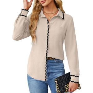 imageBlooming Jelly Womens Long Sleeve Button Down Shirts V Neck Dressy Casual Tops Collared Blouse Fall Clothes 2024Beige