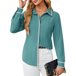 imageBlooming Jelly Womens Long Sleeve Button Down Shirts V Neck Dressy Casual Tops Collared Blouse Fall Clothes 2024Turquoise