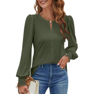 imageBlooming Jelly Womens Long Sleeve Dressy Casual Top V Neck Puff Sleeve Shirt Keyhole Blouse 2025Army Green