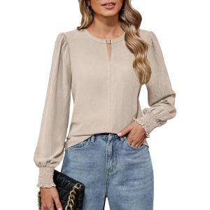 imageBlooming Jelly Womens Long Sleeve Dressy Casual Top V Neck Puff Sleeve Shirt Keyhole Blouse 2025Beige Woven