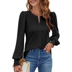 imageBlooming Jelly Womens Long Sleeve Dressy Casual Top V Neck Puff Sleeve Shirt Keyhole Blouse 2025Black