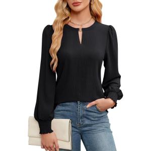 imageBlooming Jelly Womens Long Sleeve Dressy Casual Top V Neck Puff Sleeve Shirt Keyhole Blouse 2025Black Woven