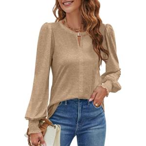 imageBlooming Jelly Womens Long Sleeve Dressy Casual Top V Neck Puff Sleeve Shirt Keyhole Blouse 2025Brown