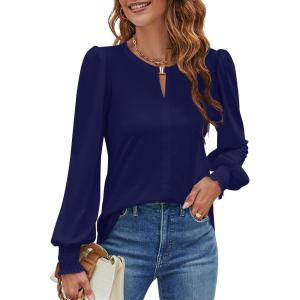 imageBlooming Jelly Womens Long Sleeve Dressy Casual Top V Neck Puff Sleeve Shirt Keyhole Blouse 2025Deep Blue