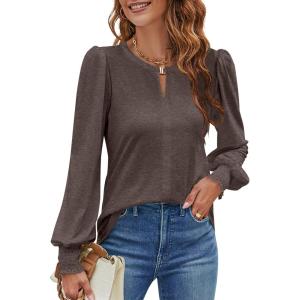 imageBlooming Jelly Womens Long Sleeve Dressy Casual Top V Neck Puff Sleeve Shirt Keyhole Blouse 2025Deep Brown