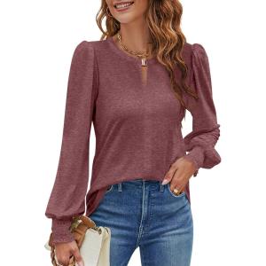 imageBlooming Jelly Womens Long Sleeve Dressy Casual Top V Neck Puff Sleeve Shirt Keyhole Blouse 2025Deep Purple