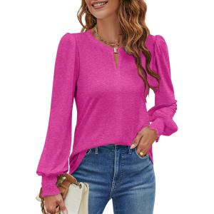 imageBlooming Jelly Womens Long Sleeve Dressy Casual Top V Neck Puff Sleeve Shirt Keyhole Blouse 2025Hot Pink